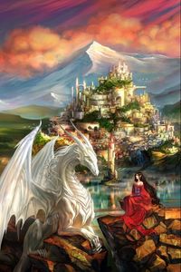 Preview wallpaper dragon, girl, elf, friendship, mountains, castle