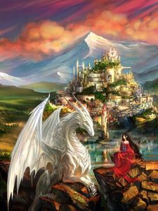 Preview wallpaper dragon, girl, elf, friendship, mountains, castle