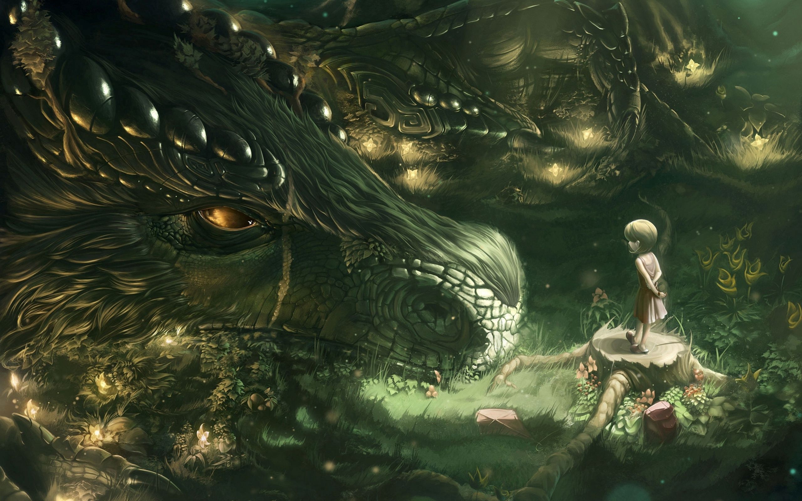2560x1600 Wallpaper dragon, girl, forest, art