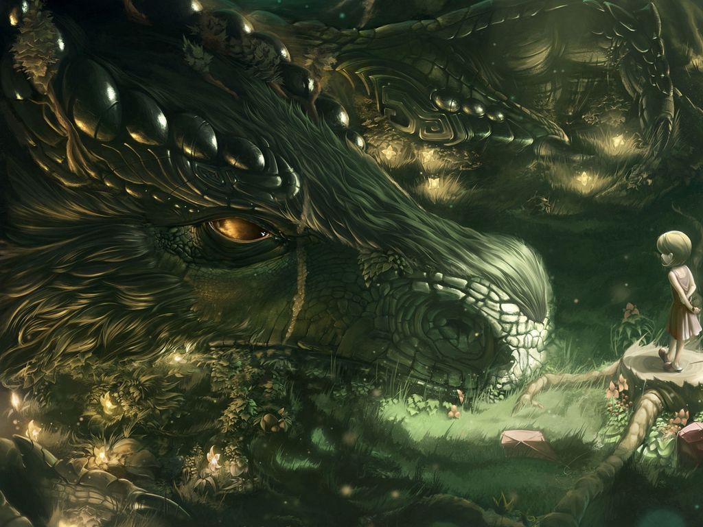 1024x768 Wallpaper dragon, girl, forest, art
