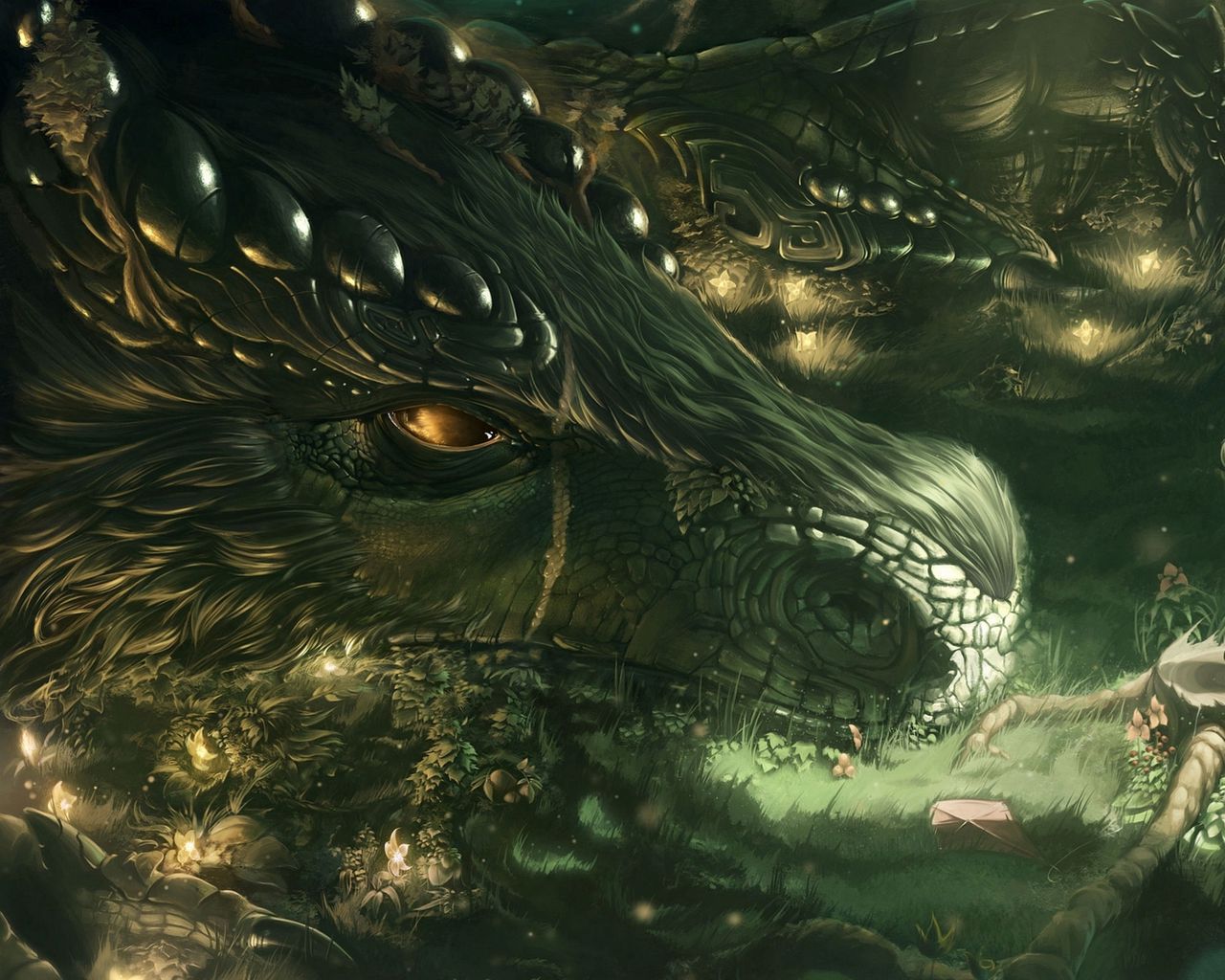 1280x1024 Wallpaper dragon, girl, forest, art