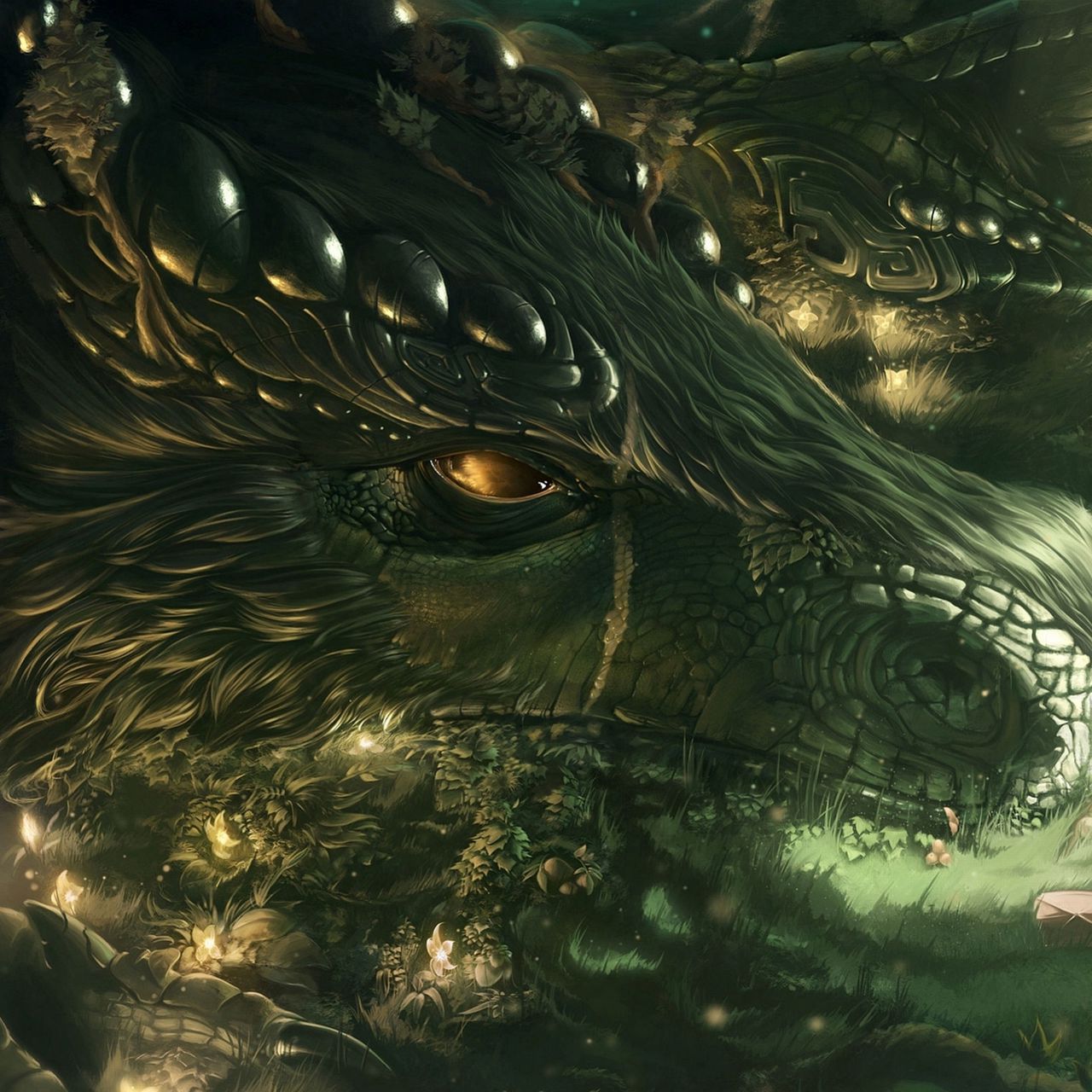 1280x1280 Wallpaper dragon, girl, forest, art