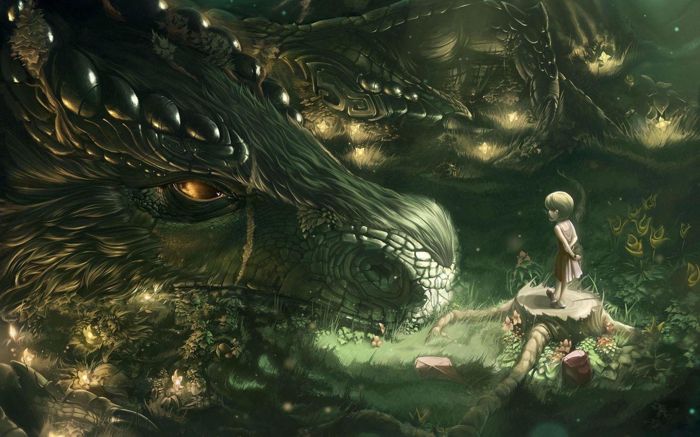 1440x900 Wallpaper dragon, girl, forest, art