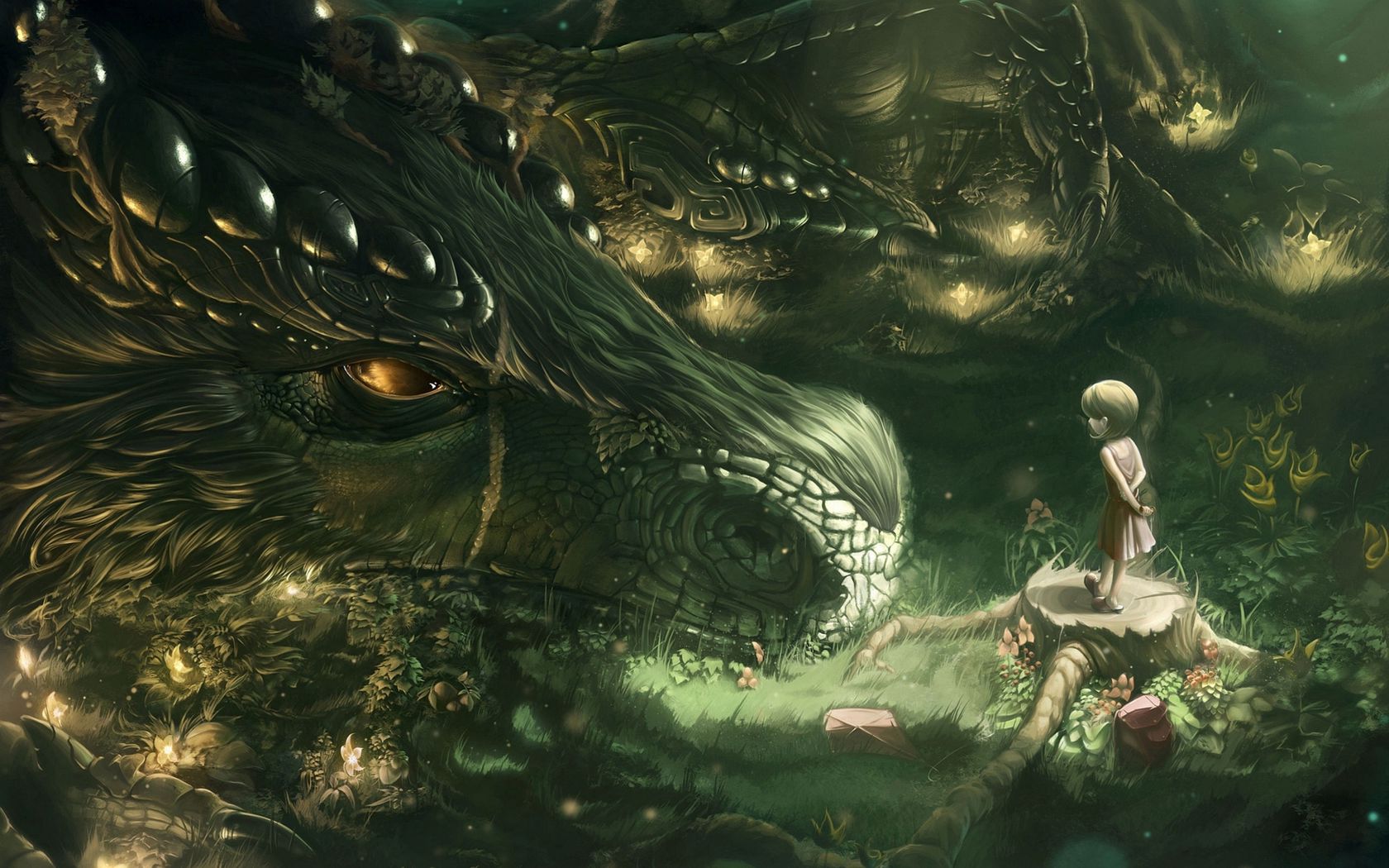 1680x1050 Wallpaper dragon, girl, forest, art
