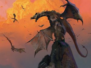 Preview wallpaper dragon, grin, hill, wings, battle
