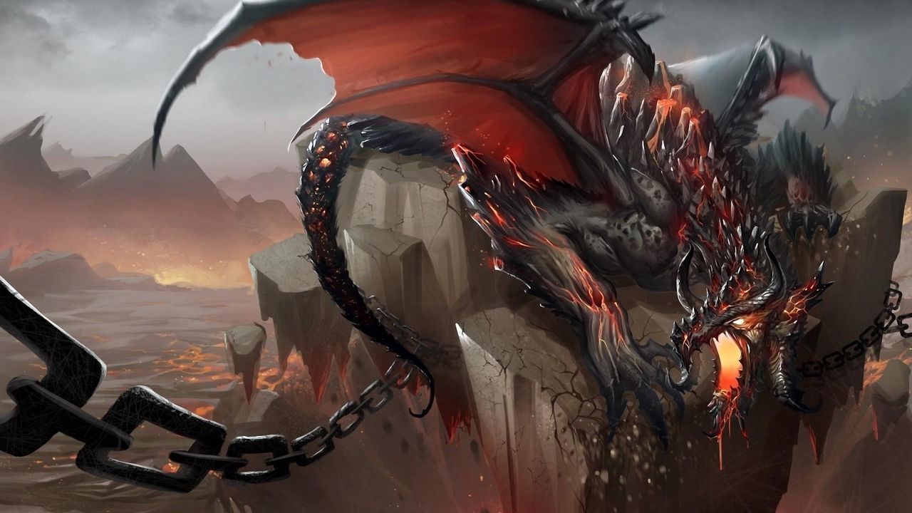 Wallpaper dragon, jaws, chains, stone, shatter