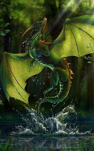 Preview wallpaper dragon, lake, forest, water, art