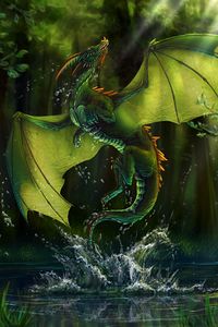 Preview wallpaper dragon, lake, forest, water, art