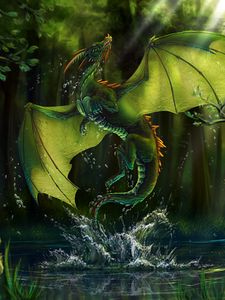 Preview wallpaper dragon, lake, forest, water, art