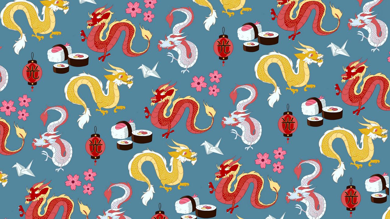 Wallpaper dragon, lanterns, sushi, pattern