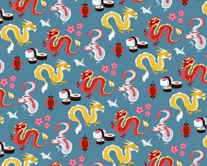 Preview wallpaper dragon, lanterns, sushi, pattern