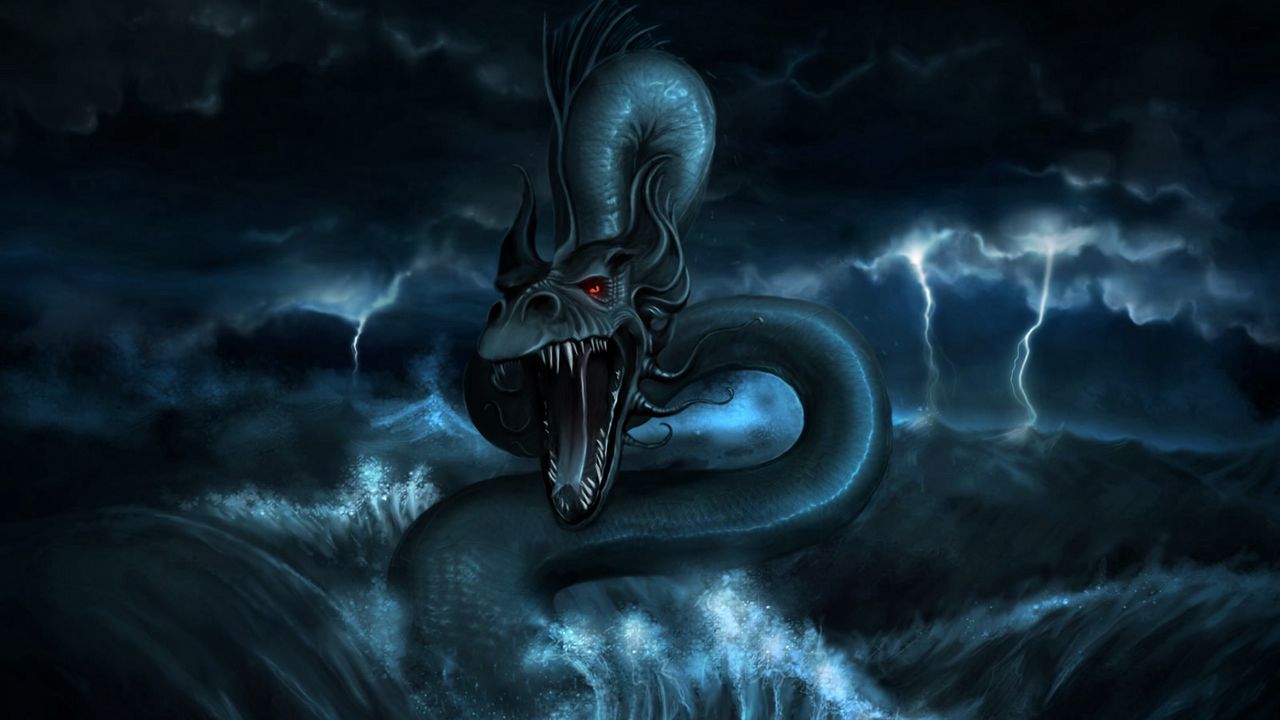 Wallpaper dragon, monster, water, storm