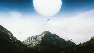 Preview wallpaper dragon, moon, mountains, comet
