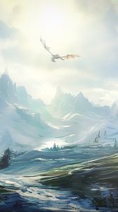 Preview wallpaper dragon, mountains, snow, fantasy, landscape, art