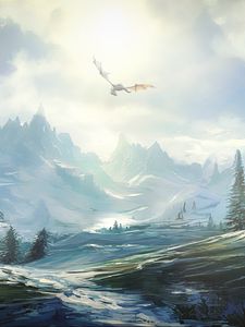 Preview wallpaper dragon, mountains, snow, fantasy, landscape, art