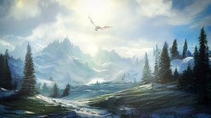 Preview wallpaper dragon, mountains, snow, fantasy, landscape, art