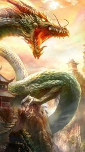 Preview wallpaper dragon, mouth, house, sky, rays