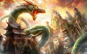 Preview wallpaper dragon, mouth, house, sky, rays