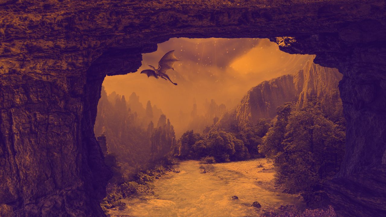 Wallpaper dragon, mystical, fantasy, waterfall, river, rocks
