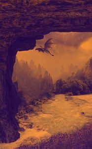 Preview wallpaper dragon, mystical, fantasy, waterfall, river, rocks