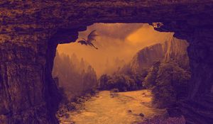 Preview wallpaper dragon, mystical, fantasy, waterfall, river, rocks