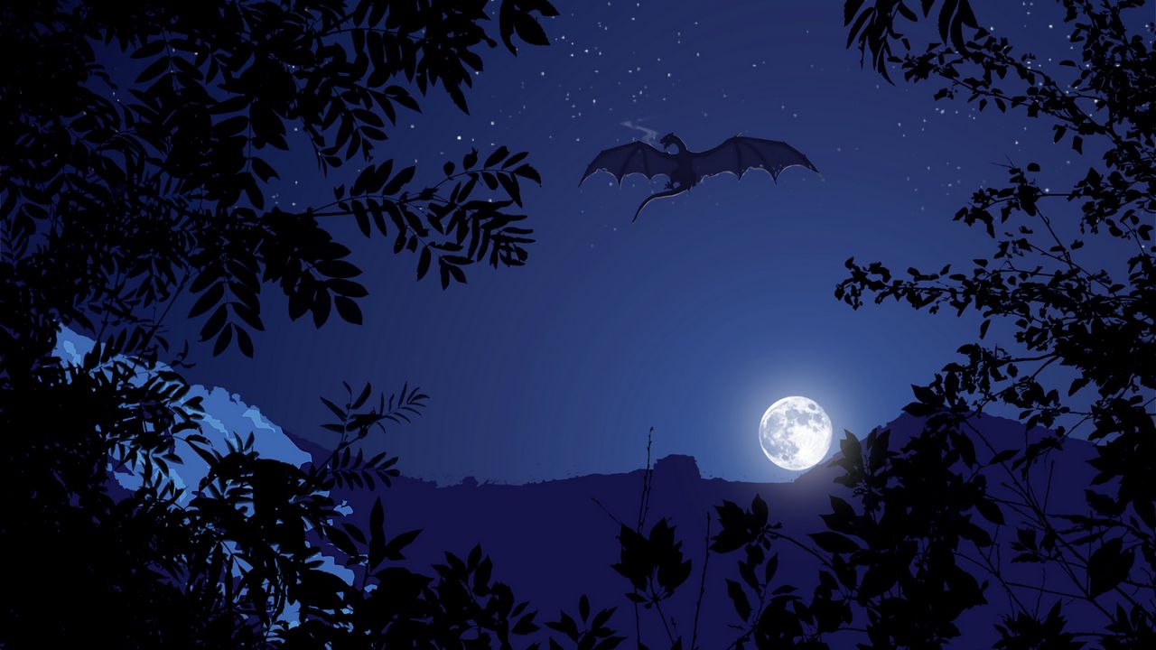 Wallpaper dragon, night, moon, art, fantasy