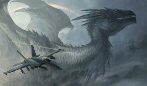 Preview wallpaper dragon, plane, rainbow, rockets, sky