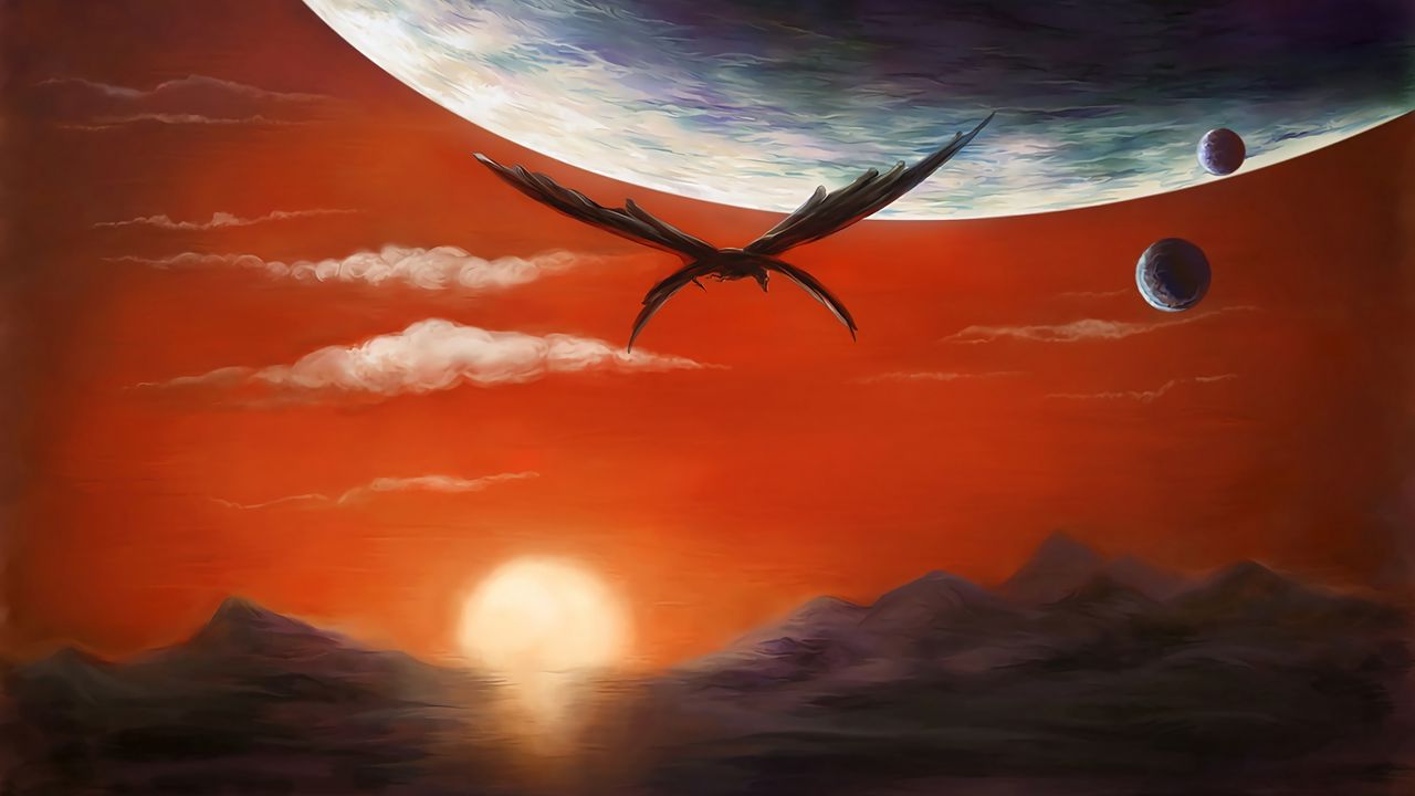 Wallpaper dragon, planets, sunset, fantasy, art