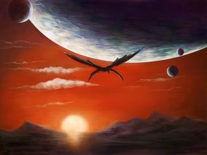 Preview wallpaper dragon, planets, sunset, fantasy, art