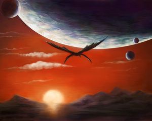 Preview wallpaper dragon, planets, sunset, fantasy, art