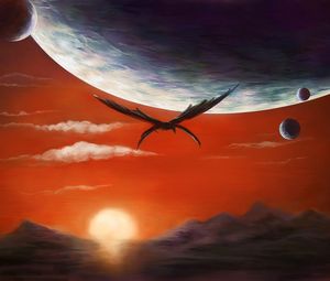 Preview wallpaper dragon, planets, sunset, fantasy, art
