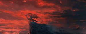 Preview wallpaper dragon, rock, cliff, sunset, art