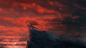 Preview wallpaper dragon, rock, cliff, sunset, art
