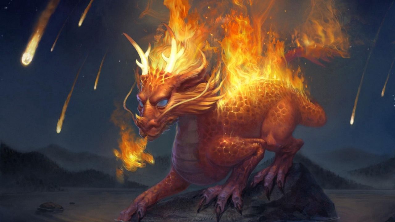 Wallpaper dragon, stone, water, fire