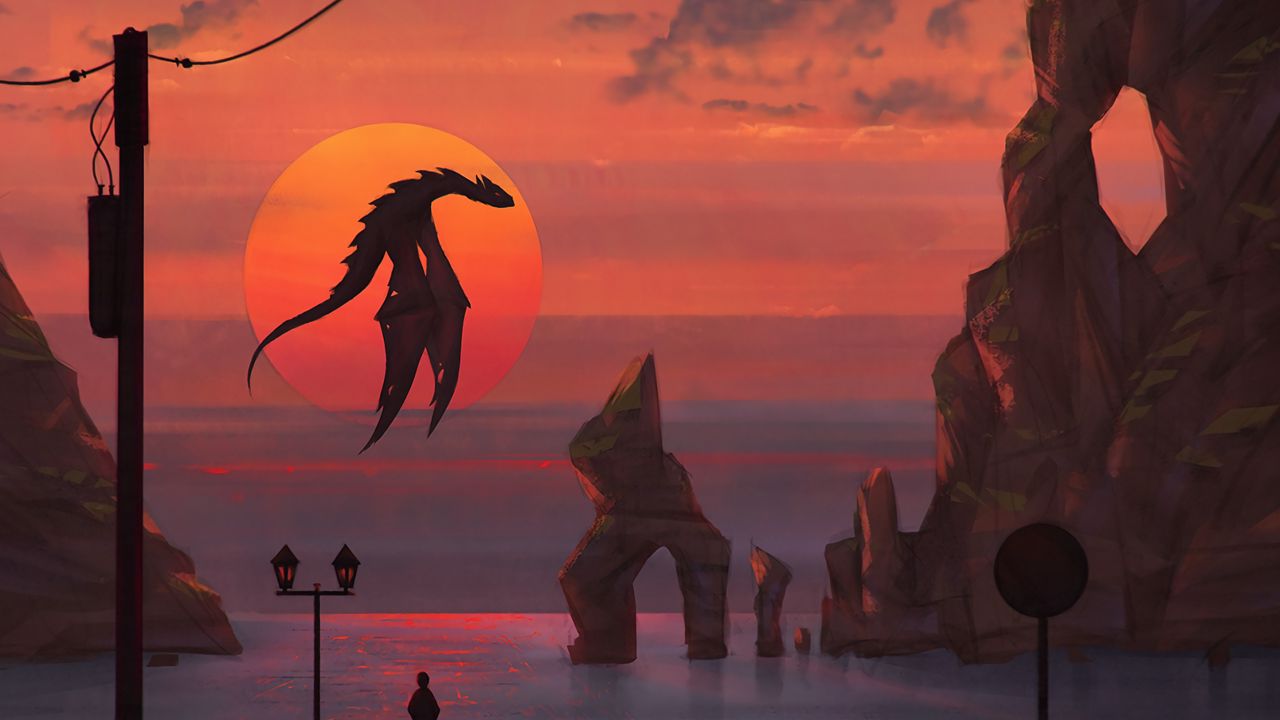 Wallpaper dragon, sun, sunset, art, fantasy