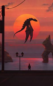 Preview wallpaper dragon, sun, sunset, art, fantasy