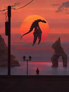 Preview wallpaper dragon, sun, sunset, art, fantasy