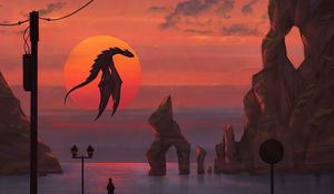 Preview wallpaper dragon, sun, sunset, art, fantasy