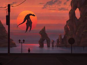 Preview wallpaper dragon, sun, sunset, art, fantasy