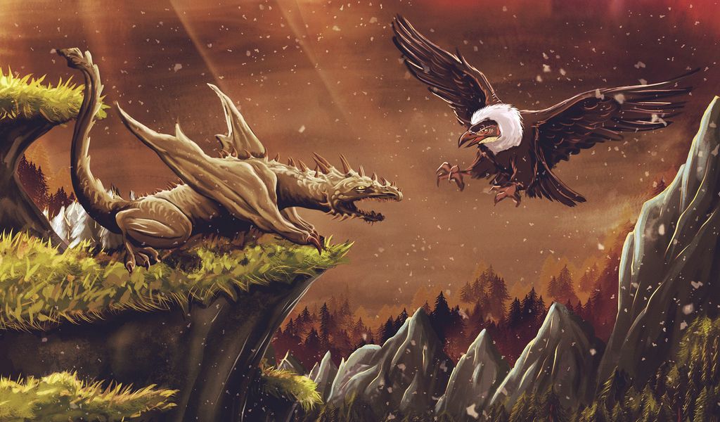1024x600 Wallpaper dragon, vulture, bird, art, fiction