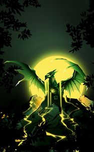 Preview wallpaper dragon, wings, mountains, the moon, art