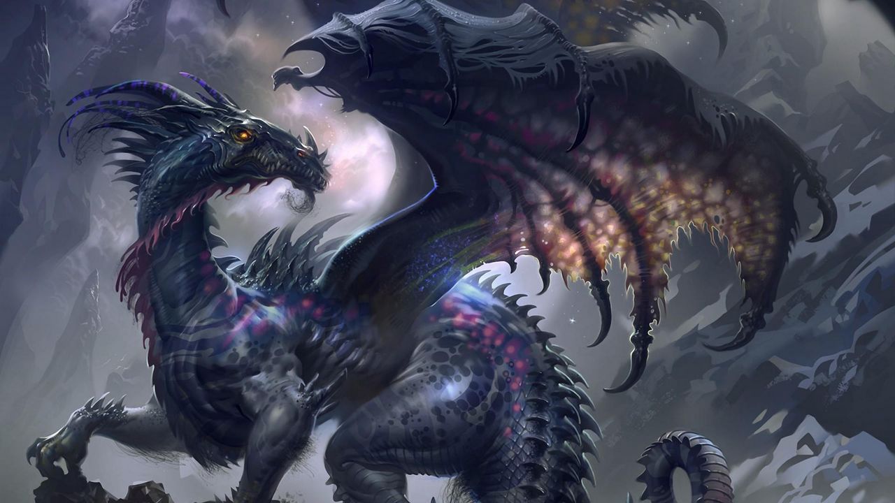 Wallpaper dragon, wings, profile, rock