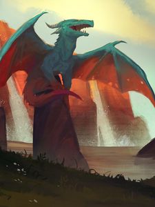 Preview wallpaper dragon, wings, rocks, art