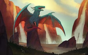 Preview wallpaper dragon, wings, rocks, art