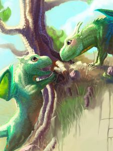 Preview wallpaper dragons, art, young, tree