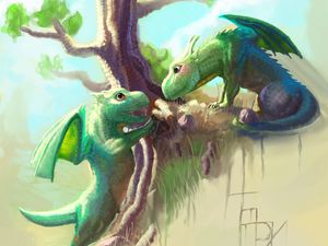 Preview wallpaper dragons, art, young, tree