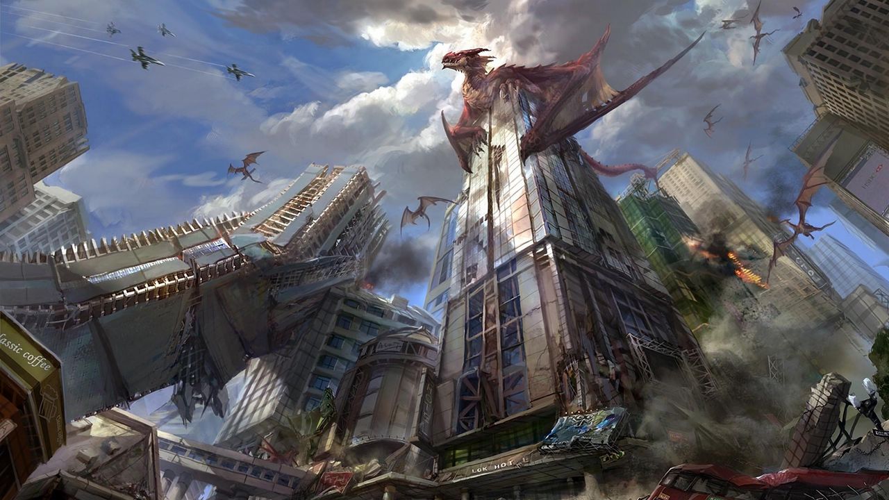 Wallpaper dragons, city, skyscrapers, destruction