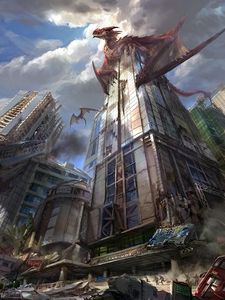 Preview wallpaper dragons, city, skyscrapers, destruction