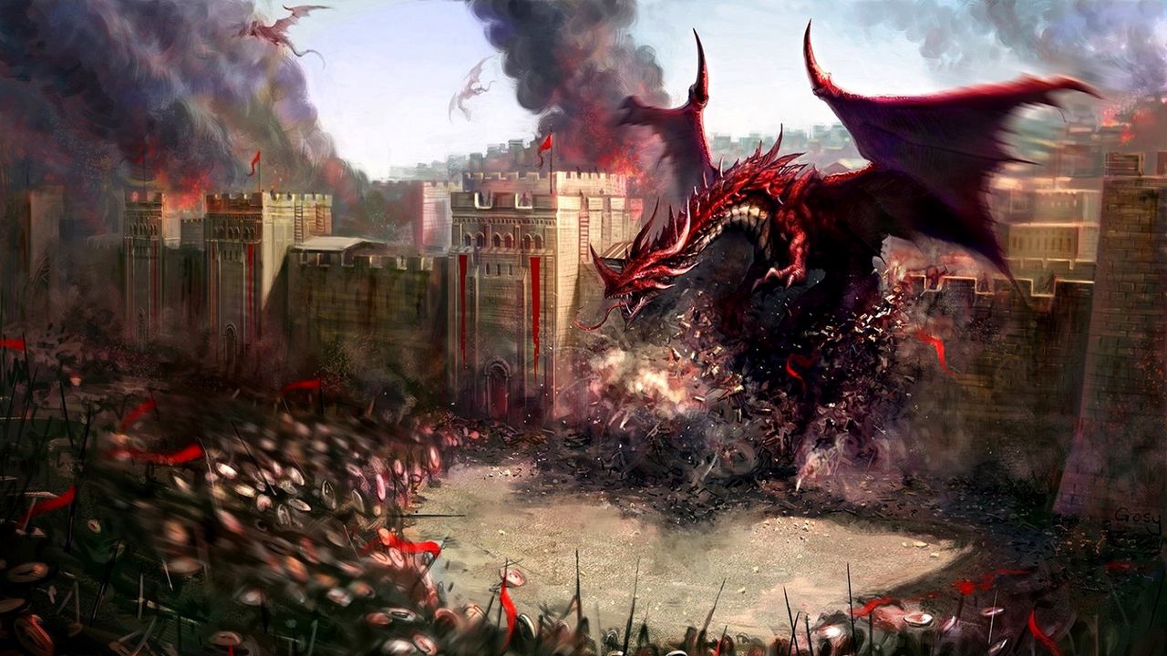 Wallpaper dragons, city, wall, destruction, soldiers, defense