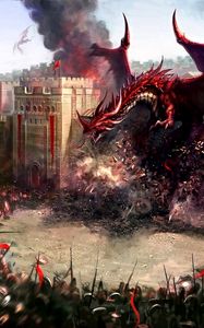 Preview wallpaper dragons, city, wall, destruction, soldiers, defense
